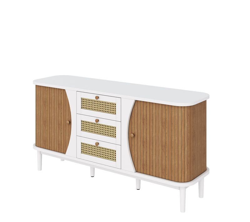 Buffet Moderne En Bois Et Rotin Avec Portes Coulissantes Et Étagères Réglables 140,5x40x76 Cm