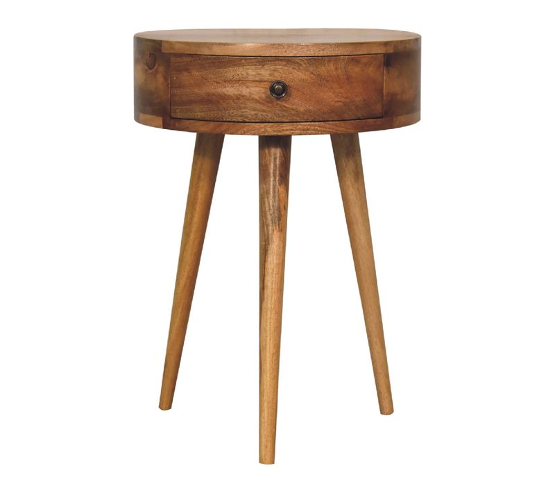 Table De Chevet Ronde En Bois Massif, Finition Oak-ish, 1 Tiroir, Style Nordique, 40x32x52 Cm