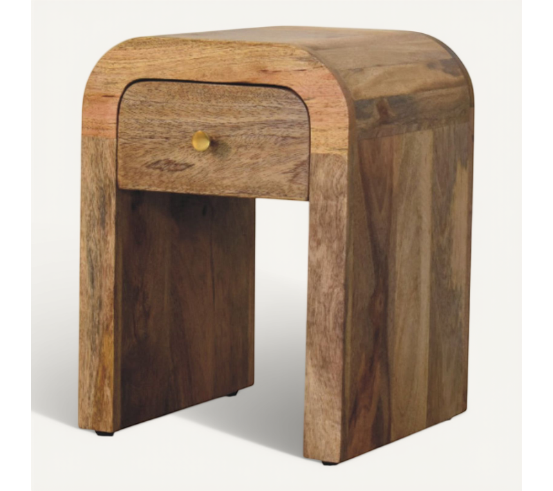 Table De Chevet En Bois Massif Finition Oak-ish, Bords Arrondis, 1 Tiroir, Design Compact, Brun