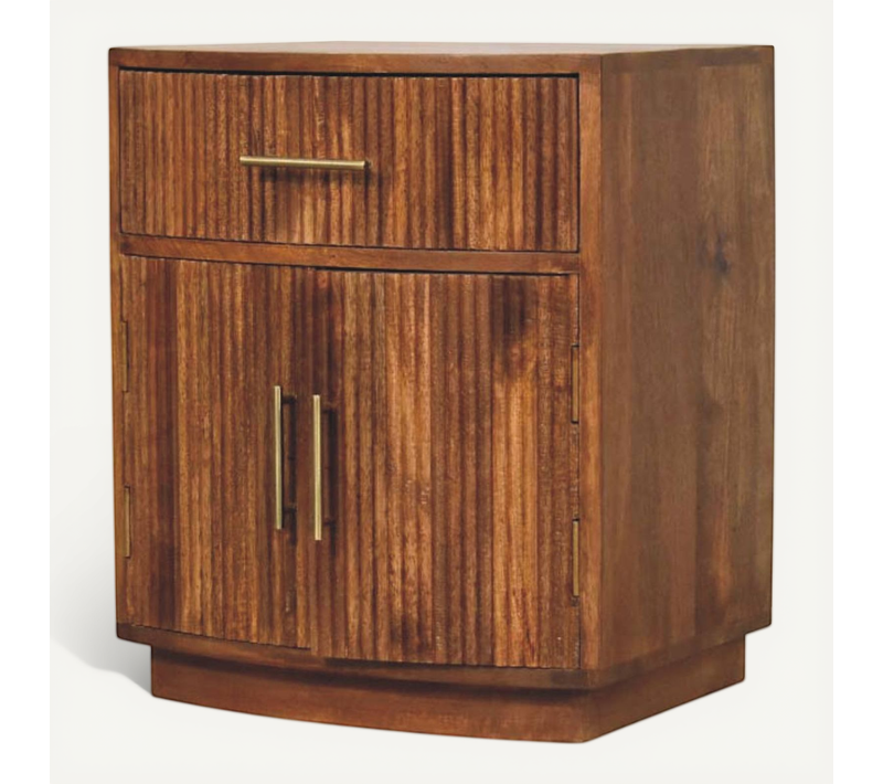 Table De Chevet En Bois Massif Rainuré Courbé, Finition Winewood, 1 Tiroir, Style Nordique
