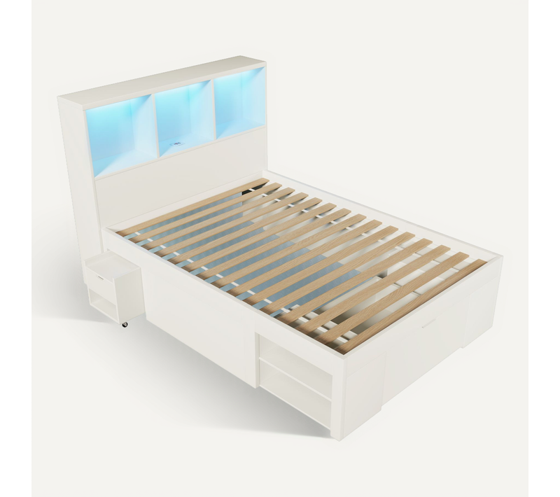 Lit Enfant 90x200cm Blanc Avec LED, Table De Chevet Mobile, Rangements, Ports USB-c, Sommier Intégré
