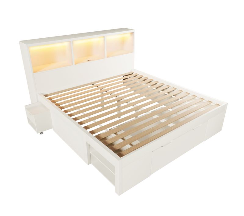 Lit Enfant 140x190 Cm Blanc Avec LED, Table De Chevet Mobile, Ports USB-c, Cadre Bois Fonctionnel