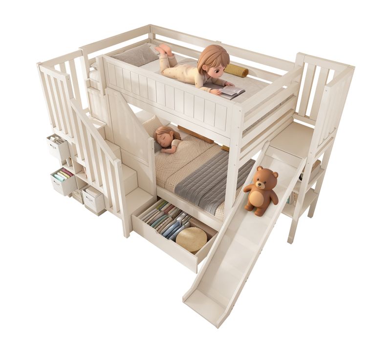 Lit Superposé Enfant 90x200 Cm Avec Toboggan, Armoire-échelle, Rangements Intégrés, Blanc