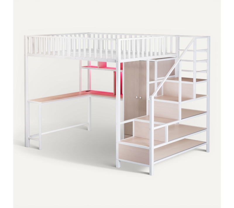 Lit Mezzanine En Métal 140x200 Cm Blanc Avec Bureau, Armoire, LED Et Prises USB/type-c Intégrées