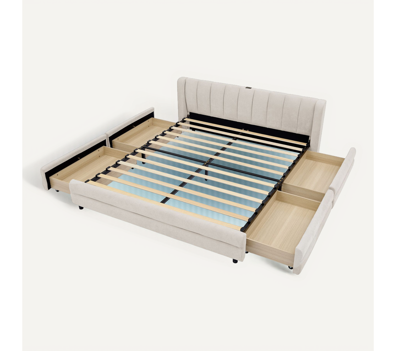 Lit Double 160x200 Cm Beige Avec 4 Tiroirs Modulables, Revêtement Chenille Doux, Dossier Ergonomique