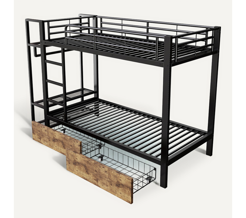 Lit Superposé 90x200 Cm Noir Avec 2 Tiroirs, Tringle Intégrée Et Bande LED, Structure Mdf+acier