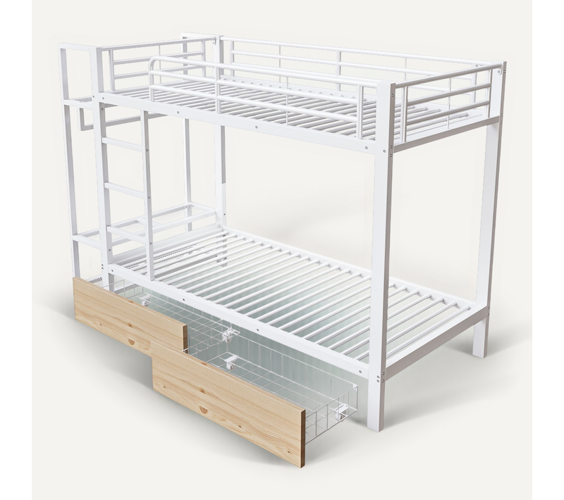 Lit Superposé 90x200 Cm Blanc Avec 2 Tiroirs, Tringle Intégrée Et Bande LED, Structure Mdf+acier
