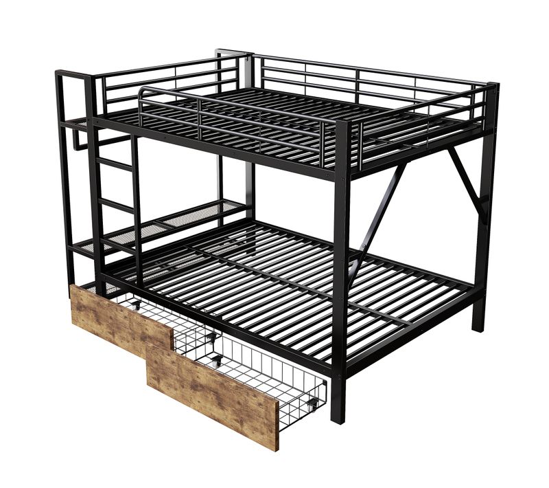 Lit Superposé 14x200 Cm Noir Avec 2 Tiroirs, Tringle Intégrée Et Bande LED, Structure Mdf+acier