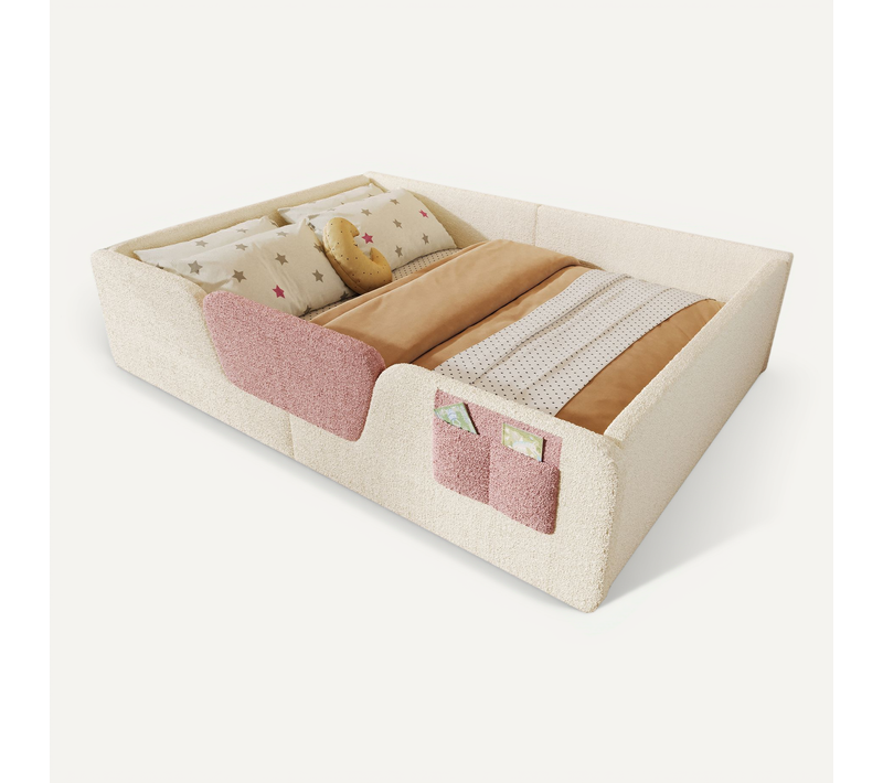 Lit Enfant Rembourré 140x190 Cm En Velours Beige, Avec Barrières De Sécurité Amovibles, Cadre Mdf