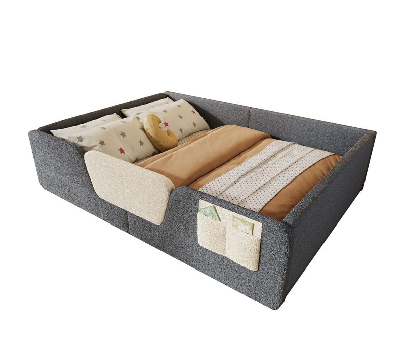 Lit Enfant Rembourré 140x190 Cm En Velours Gris, Avec Barrières De Sécurité Amovibles, Cadre Mdf