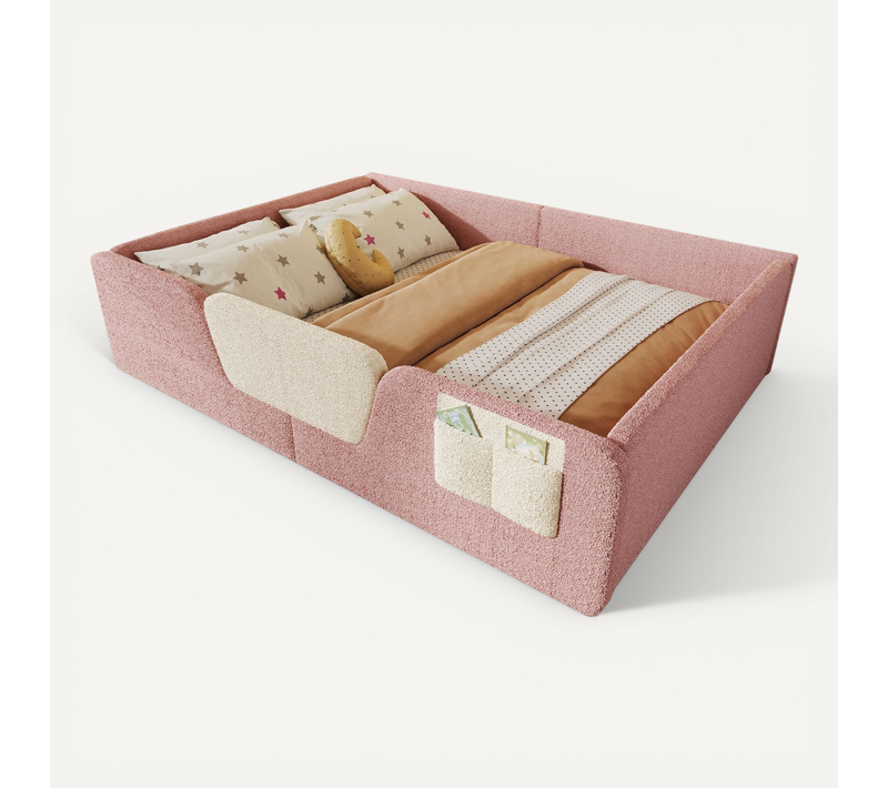 Lit Enfant Rembourré 140x190 Cm En Velours Rose, Avec Barrières De Sécurité Amovibles, Cadre Mdf