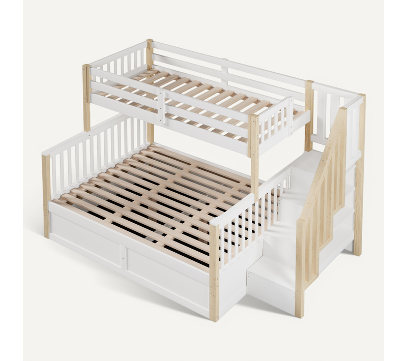 Lit Superposé 90x200+140x200 Cm Avec Levage Hydraulique, Structure Bois Pin/mdf, Blanc Et Naturel