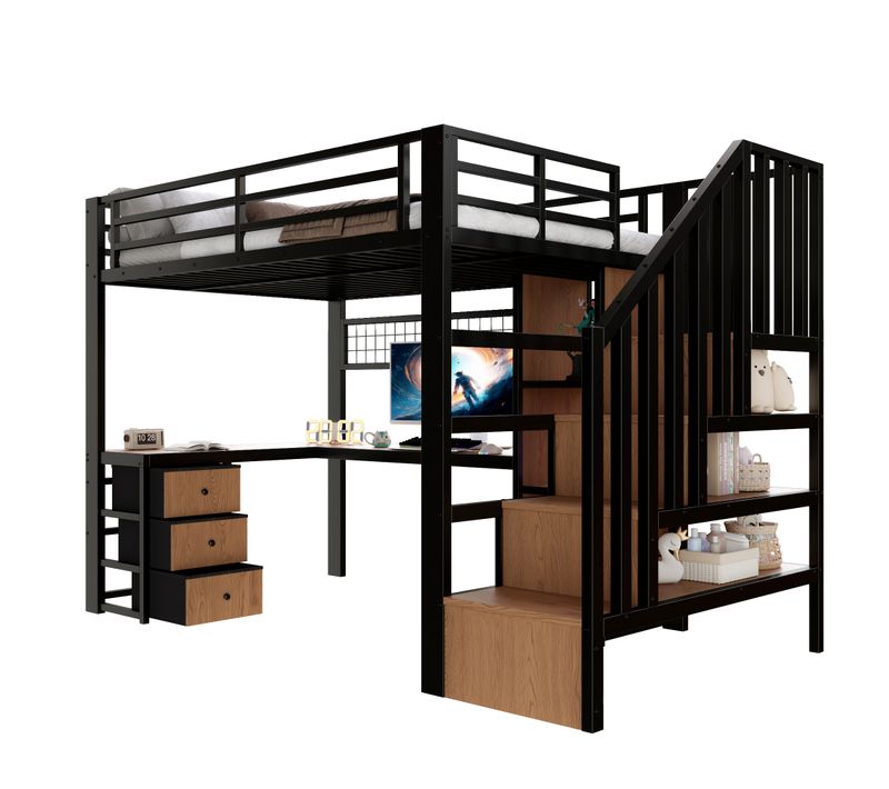 Lit Mezzanine 90x200 Cm Avec Bureau Intégré, 4 Tiroirs, Grille De Suspension, LED, Cadre Métal, Noir