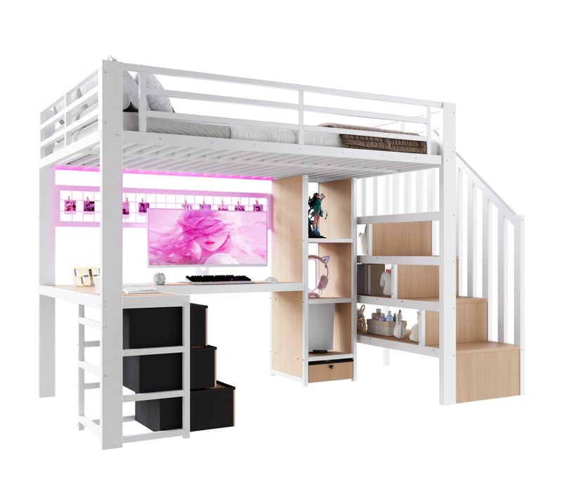Lit Mezzanine 90x200cm Avec Bureau Intégré, 4 Tiroirs, Grille De Suspension, LED, Cadre Métal, Blanc