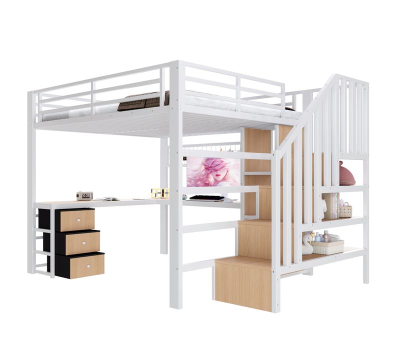 Lit Mezzanine 140x200 Cm Avec Bureau Intégré, 4 Tiroirs, Étagère, Grille Murale, Cadre Métal, Blanc