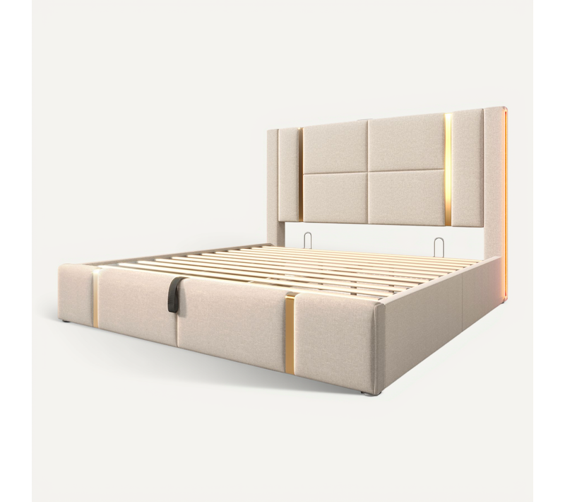 Lit Coffre 140x200 Cm En Lin Beige Avec LED Rgb, Contrôle App, USB/type-c Et Sommier Bois