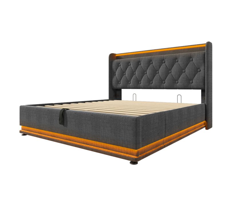 Lit Coffre 140x200 Cm Gris Avec LED 360°, Contrôle App/télécommande, Rangement Hydraulique