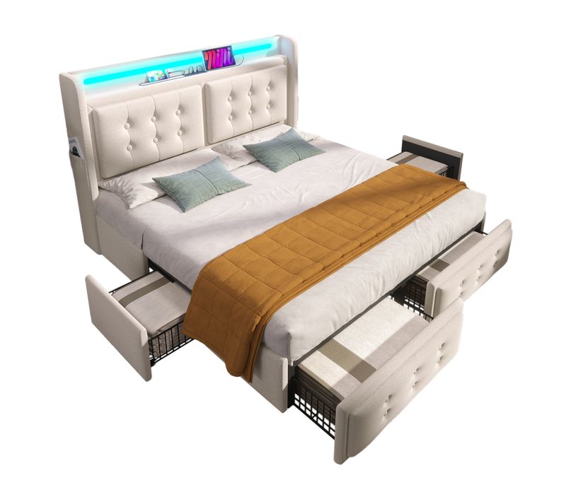 Lit Coffre 140x200 Cm Avec Tête De Lit LED, USB-c, 4 Tiroirs, Cadre Métal Et Lattes Bois, Beige