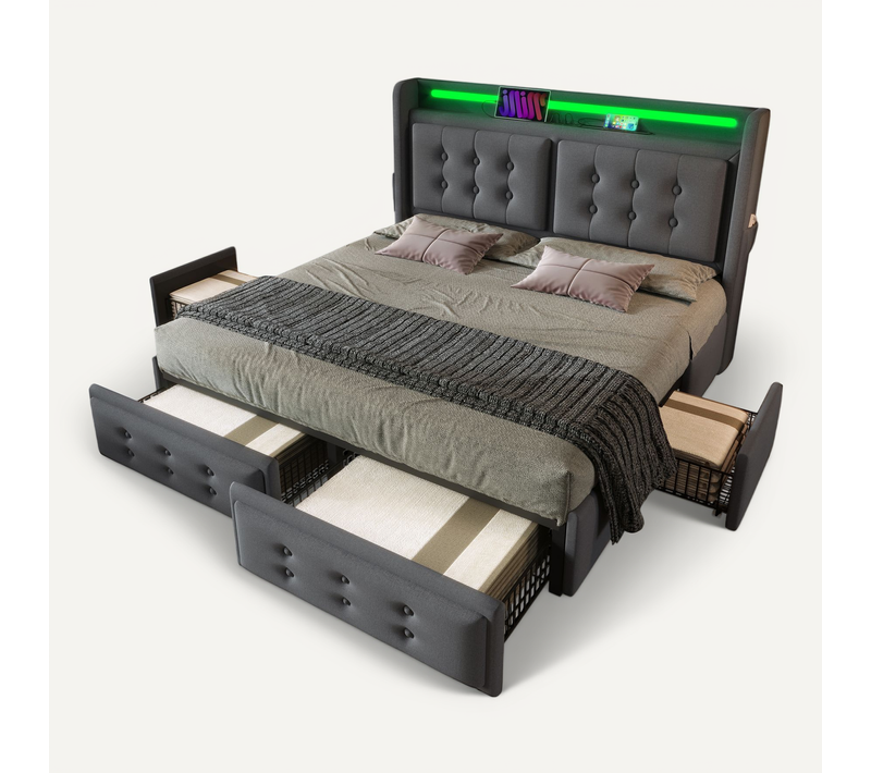 Lit Coffre 140x200 Cm Avec Tête De Lit LED, USB-c, 4 Tiroirs, Cadre Métal Et Lattes Bois, Gris