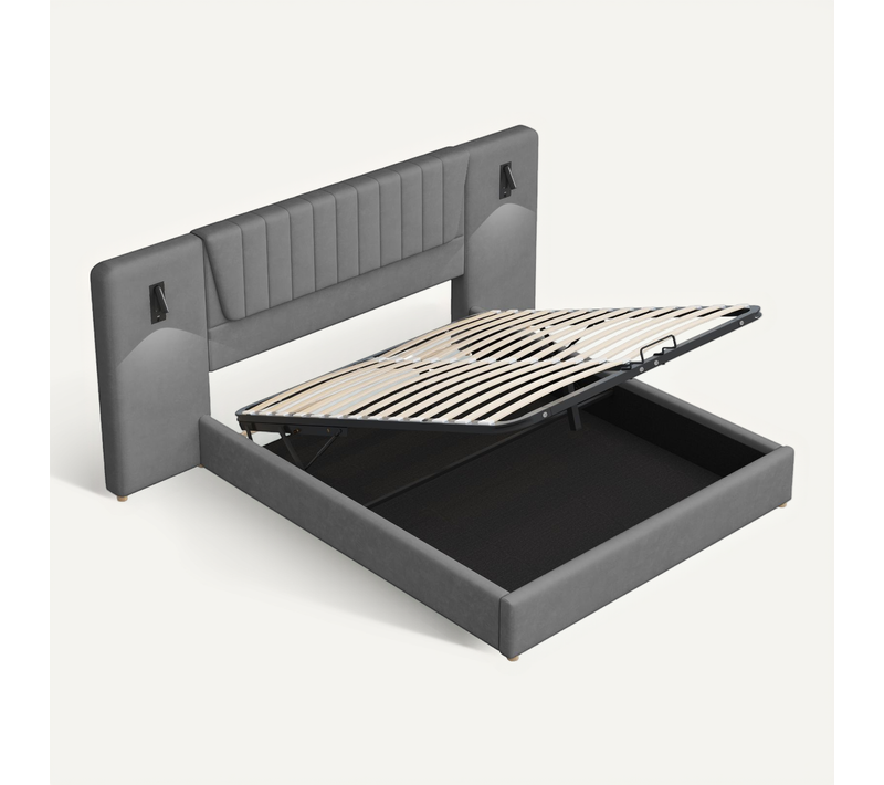 Lit Coffre 180x200 En Velours Gris Avec Dossier Extra Long, Lampes Orientables USB
