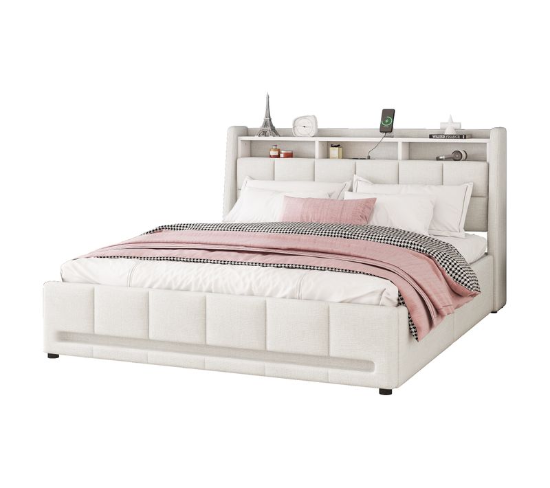 Lit Rembourré 140x200 Cm Beige En Lin Avec LED Contrôlable Par Application, Tiroirs, Prises Et USB