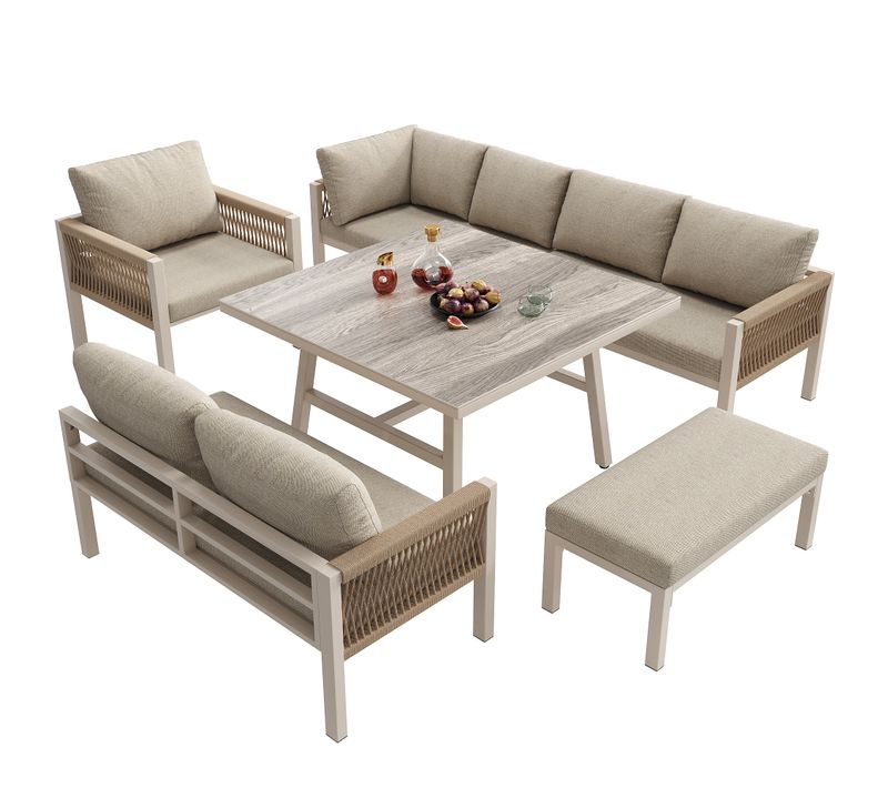 Salon De Jardin 8 Places En Acier Avec Canapés Tressés Main, Table Verre Effet Bois Et Banc, Beige