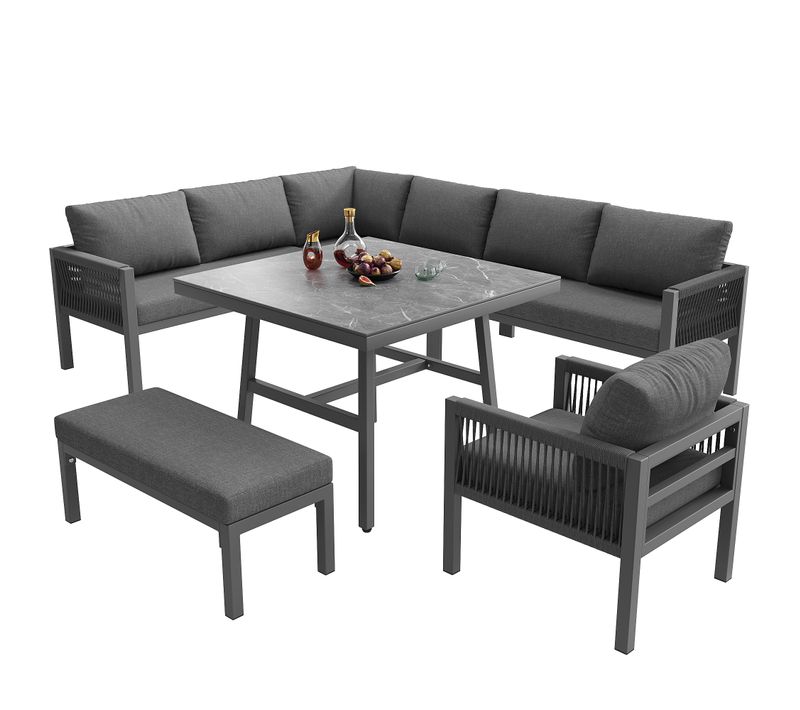 Salon De Jardin 8 Places En Acier Avec Canapés Tressés Main, Table Verre Effet Bois Et Banc, Gris