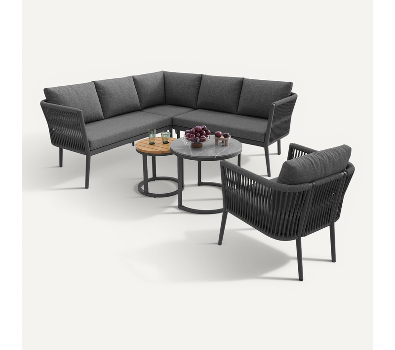 Salon De Jardin Modulable 6 Pièces 5-6 Places En Cordage Tressé Avec 2 Tables Et Coussins 8 Cm, Gris