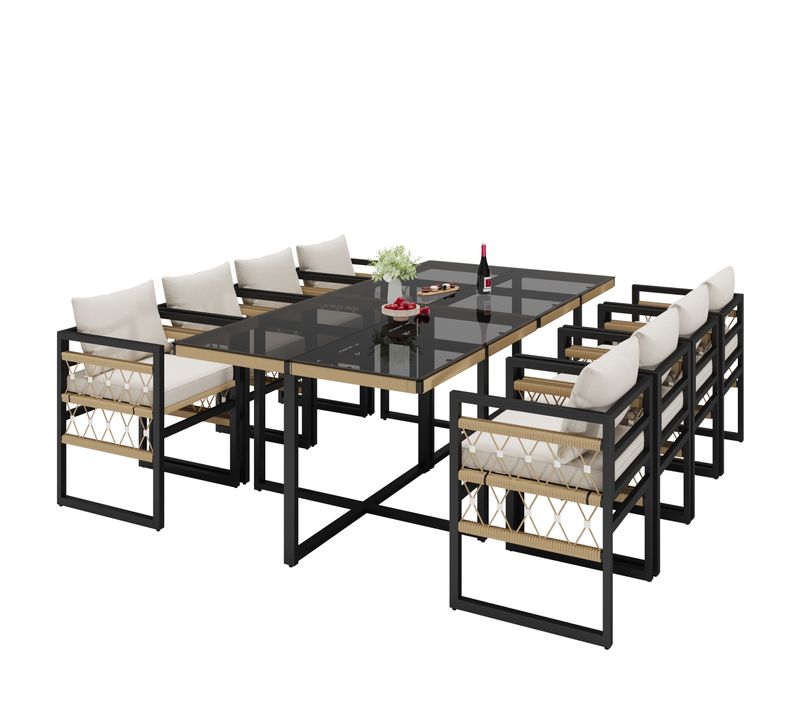 Salon De Jardin 8 Places Avec 8 Fauteuils Tressés Et 2 Tables En Verre, Structure Acier Galvanisé