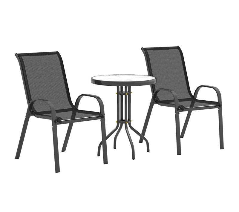 Salon De Bistro De Jardin 3 Pièces Avec Table Ronde En Verre Trempé Et Chaises Empilables Métal Noir