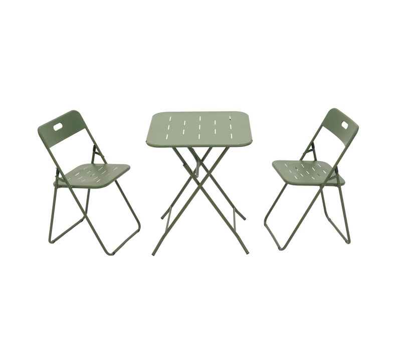 Salon De Jardin Bistro Pliant 3 Pièces En Acier Avec Revêtement E-coating, Table Et 2 Chaises Vert