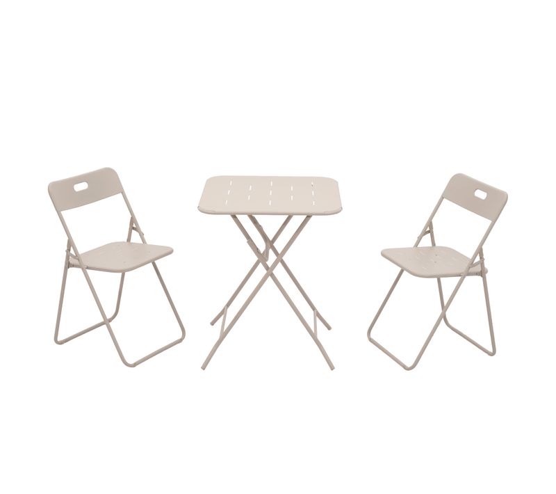 Salon De Jardin Bistro Pliant 3 Pièces En Acier Avec Revêtement E-coating, Table Et 2 Chaises Beige
