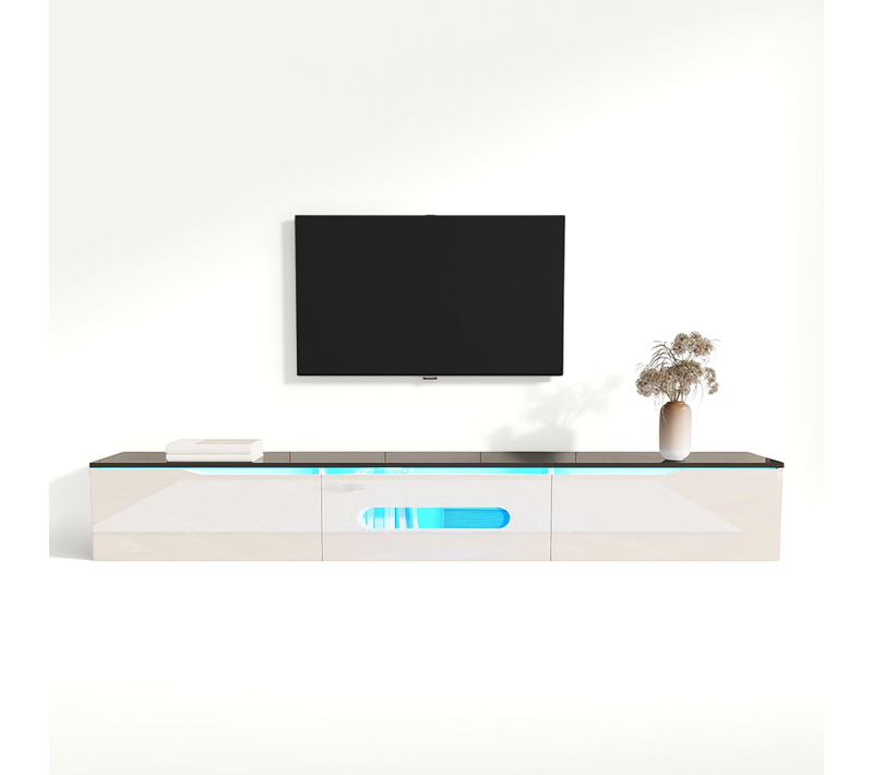 Meuble TV Noir Et Blanc, Longueur 180 Cm, Finition Brillante, Avec éclairage LED 16 Couleurs