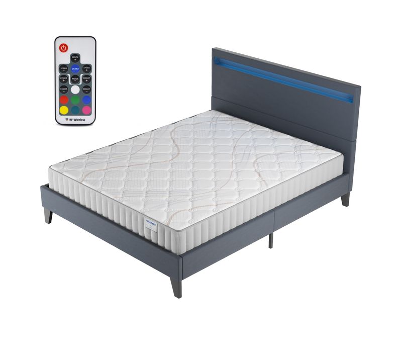 Ensemble 160x200cm, Lit Éclairage LED + Matelas Mousse, ép.16cm, Accueil Latex