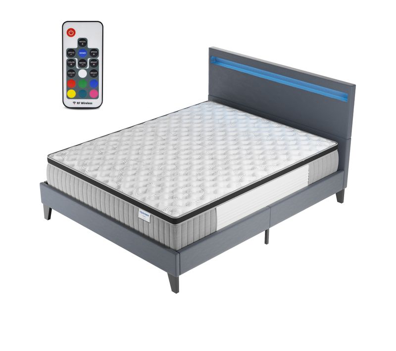 Ensemble 140x190cm, lit éclairage LED + matelas ressorts ensachés, Ép.30cm accueil mémoire de forme