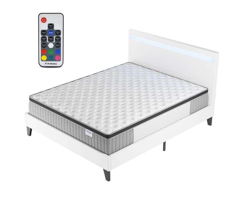 Ensemble 160x200cm, lit éclairage LED + matelas ressorts ensachés, Ép.30cm accueil mémoire de forme
