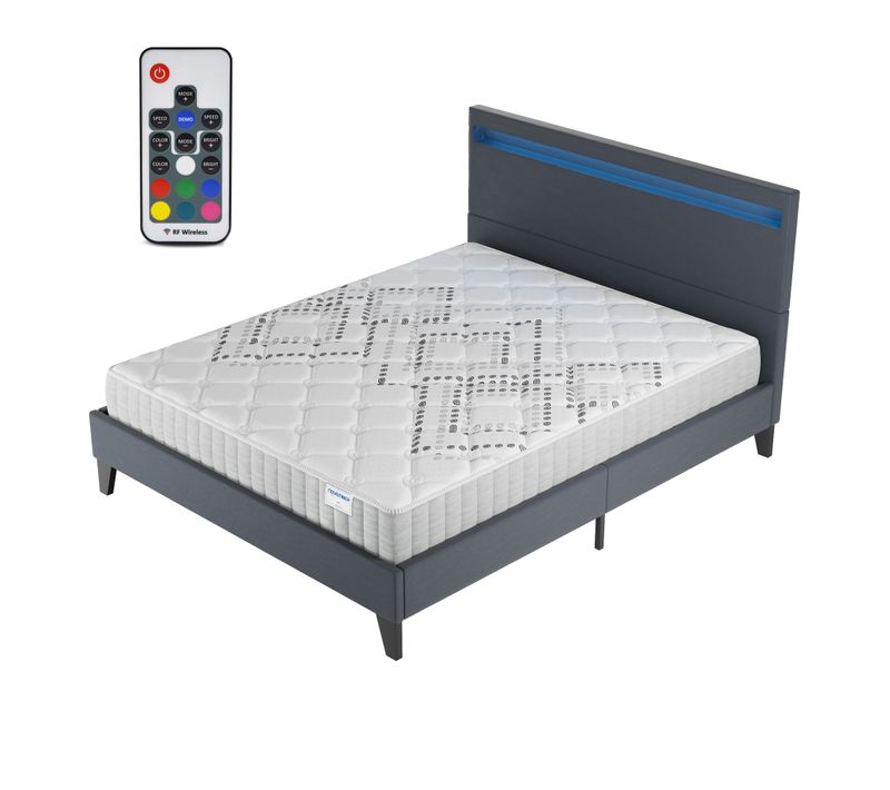 Ensemble 140x190 cm, Lit Éclairage LED + Matelas Ressorts Ensachés, ép.20cm Accueil Mousse HR