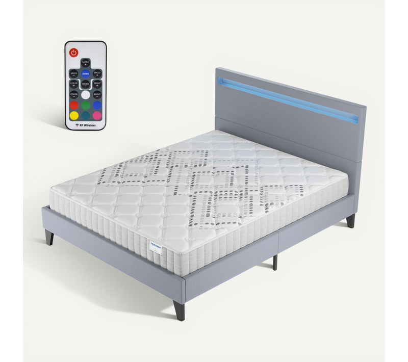 Ensemble 160x200 cm, Lit Éclairage LED + Matelas Ressorts Ensachés, ép.20cm Accueil Mousse HR