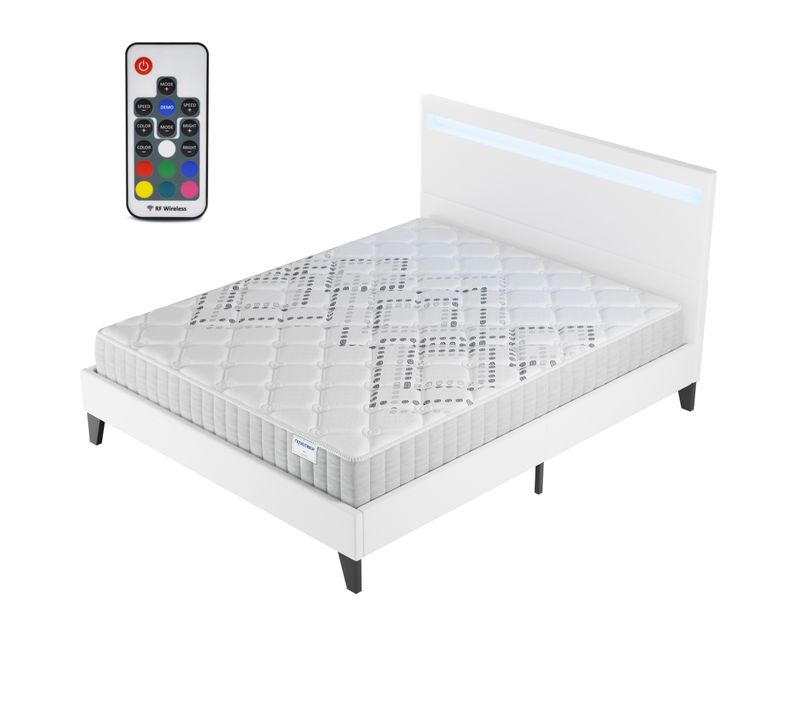 Ensemble 160x200 cm, Lit Éclairage LED + Matelas Ressorts Ensachés, ép.20cm Accueil Mousse HR
