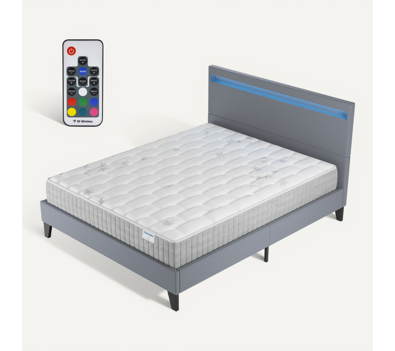 Ensemble 140x190cm, Lit Éclairage LED+Matelas Ressorts Ensachés, Ép.25cm Accueil Mémoire de Forme