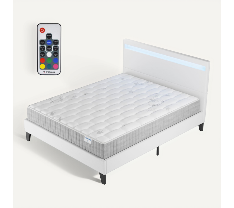 Ensemble 140x200cm, lit éclairage LED + matelas ressorts ensachés, Ép.25cm accueil mémoire de forme