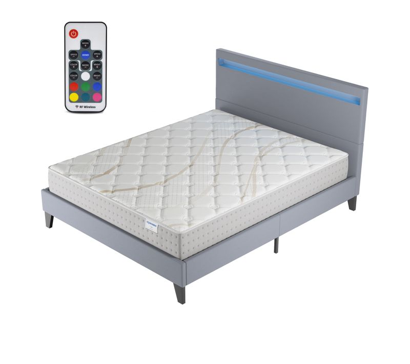 Ensemble 120x190 cm, Lit Éclairage LED + Matelas Ressorts Ensachés, ép.25cm Accueil Mousse HR