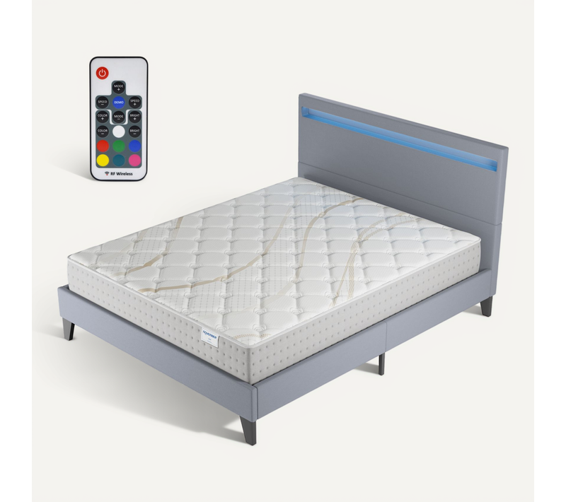 Ensemble 140x200 cm, Lit Éclairage LED + Matelas Ressorts Ensachés, ép.25cm Accueil Mousse HR