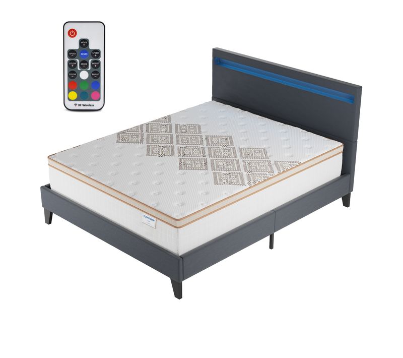 Ensemble 120x190 cm, lit éclairage LED + matelas ressorts ensachés, ép. 28cm accueil mousse HR