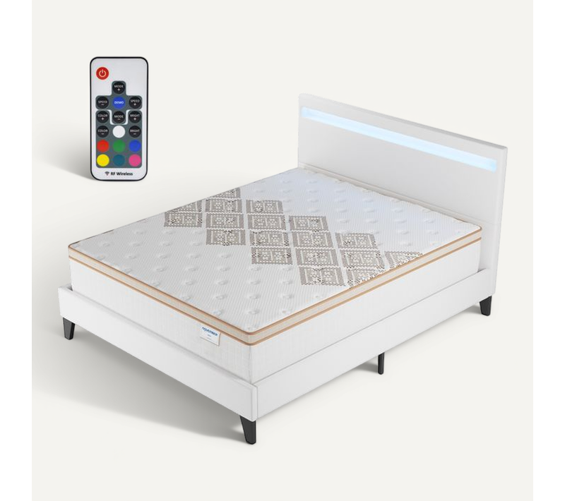 Ensemble 160x200 cm, lit éclairage LED + matelas ressorts ensachés, ép. 28cm accueil mousse HR