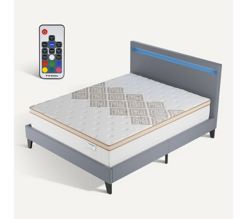 Ensemble 140x200 cm, lit éclairage LED + matelas ressorts ensachés, ép. 28cm accueil mousse HR