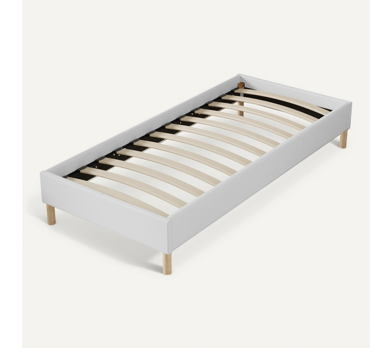 Sommier 90x200 Cm, Tissu Blanc Crème, Pieds En Bois