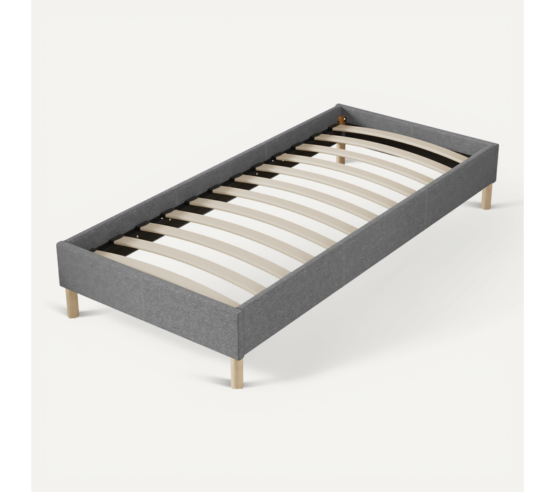 Sommier 90x200 Cm, Tissu Gris, Pieds En Bois