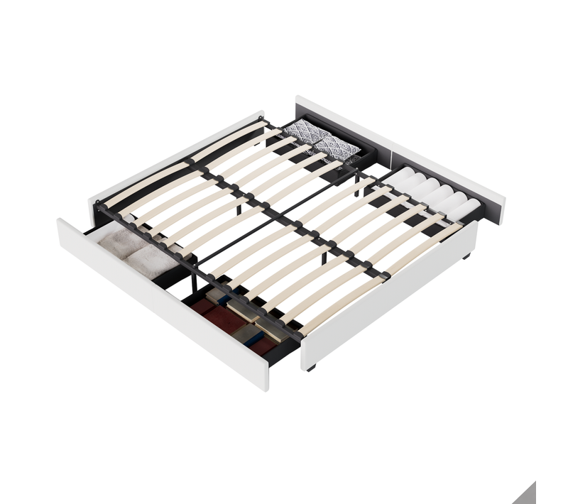 Lit 140 x 200 cm avec tiroirs, sommier à lattes en bois, cadre en tissu blanc