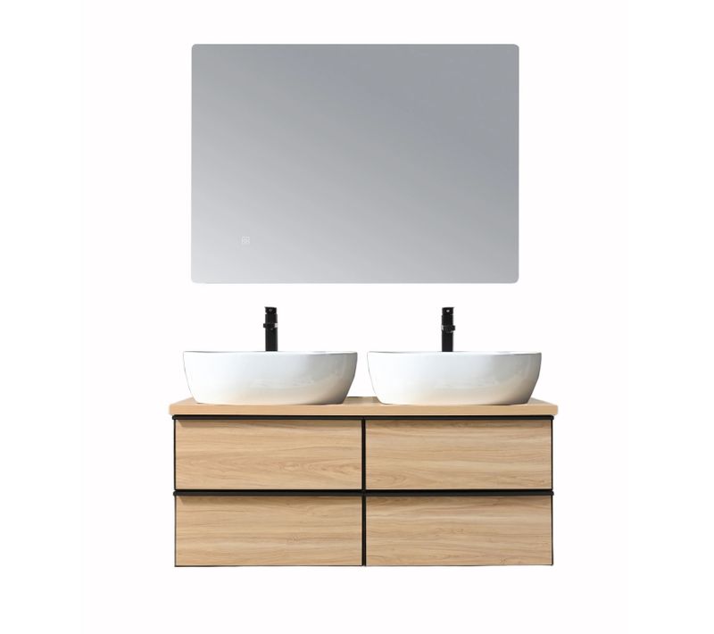 Meuble De Salle De Bain Double Vasque 120cm Chêne Clair Avec Miroir LED